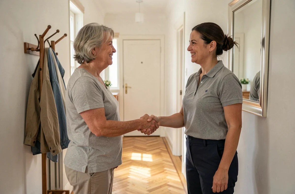 Particulière et femme de ménage se serrant la main lors d'un accord d'emploi à domicile dans un couloir d'appartement