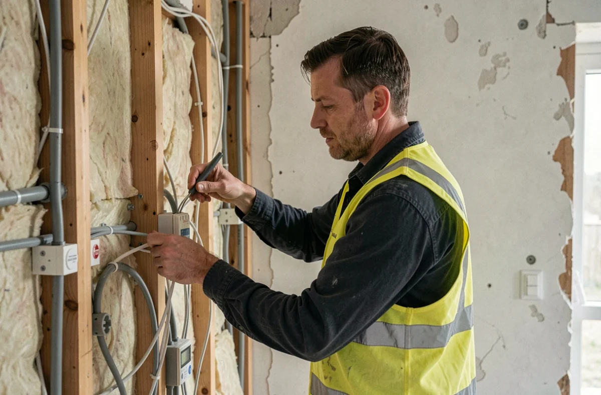 Électricien d'Aecobat installant des câblages électriques dans une paroi isolée lors d'une rénovation énergétique à Lille