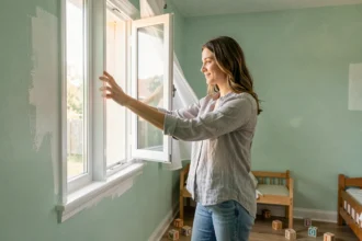 Mère aérant une chambre d'enfant fraîchement peinte en ouvrant la fenêtre pour éliminer les odeurs de peinture
