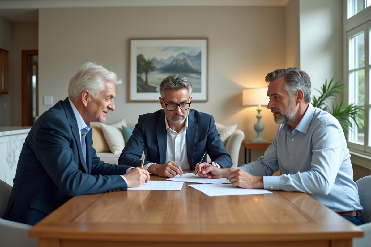 Agent immobilier discutant avec un couple dans une salle moderne