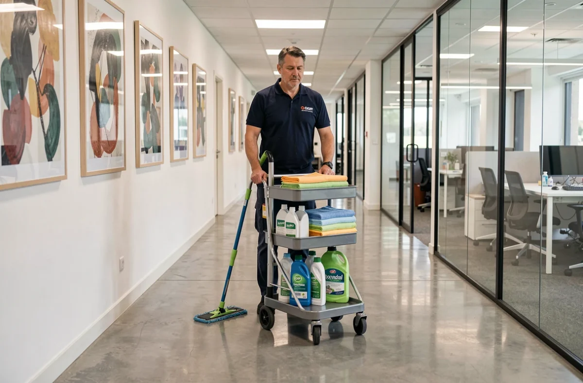 Agent de nettoyage professionnel avec chariot de produits ménagers dans le couloir d'un immeuble de bureaux à Montpellier