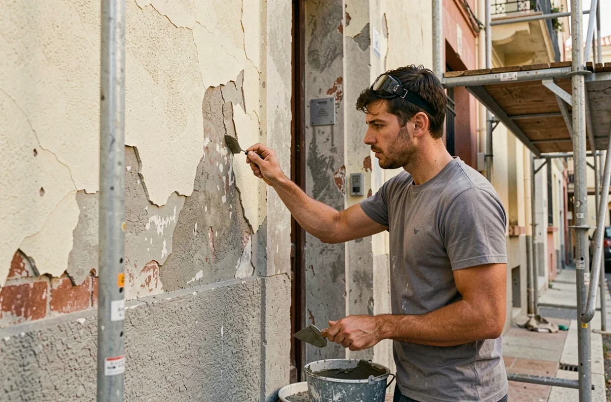 Maçon effectuant des petits travaux de rénovation de façade sur un immeuble à Marseille pour Alt Pro Maçonnerie