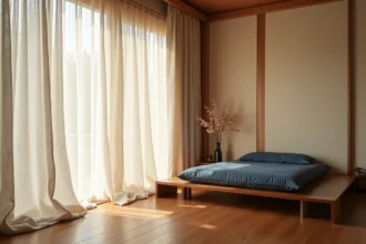 Coin salon inspiré du ryokan japonais avec rideaux en lin ivoire à motifs bambou et lit futon indigo sur parquet sombre