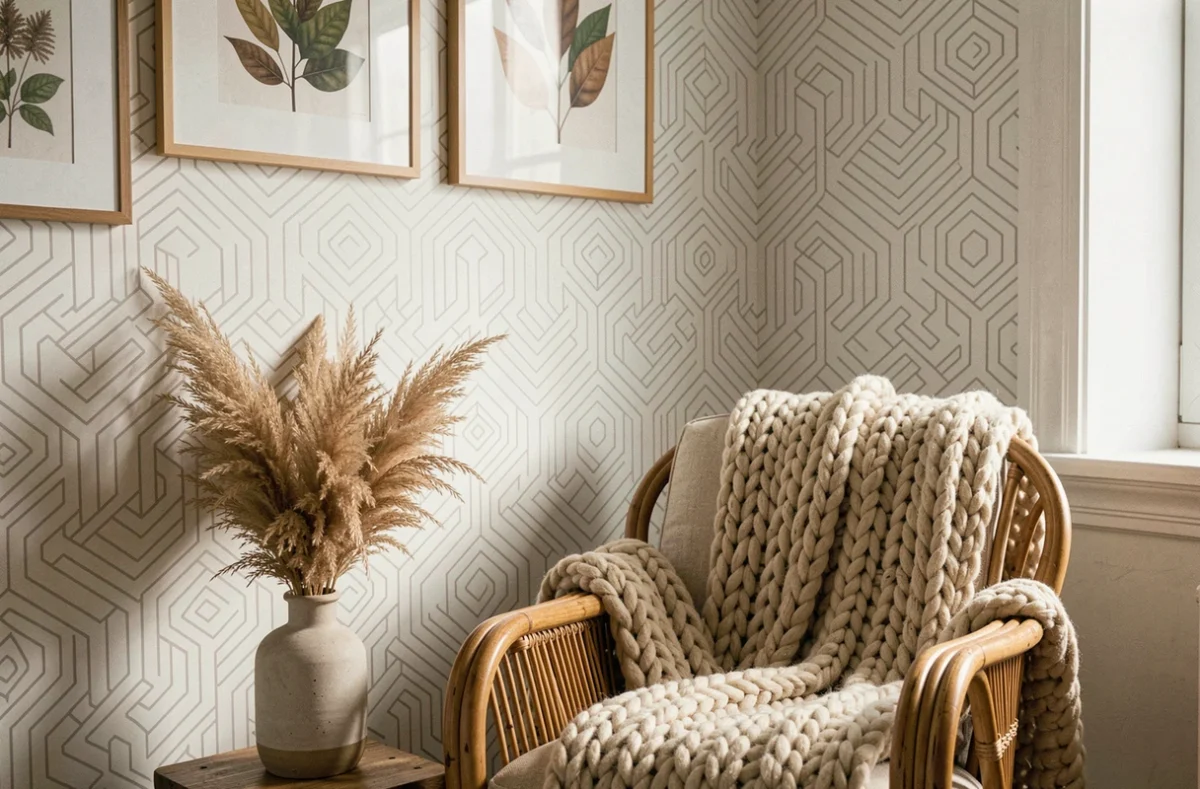 Angle de salon avec papier peint blanc géométrique, fauteuil rotin et mur de cadres botaniques pour un décor chaleureux