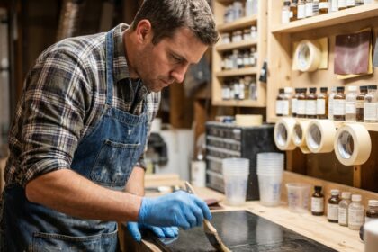 Homme appliquant une résine de finition sur un panneau composite dans un atelier de bricolage maison