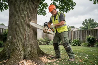 Arboriste professionnel en équipement de sécurité abattant un grand chêne dans un jardin avec une tronçonneuse