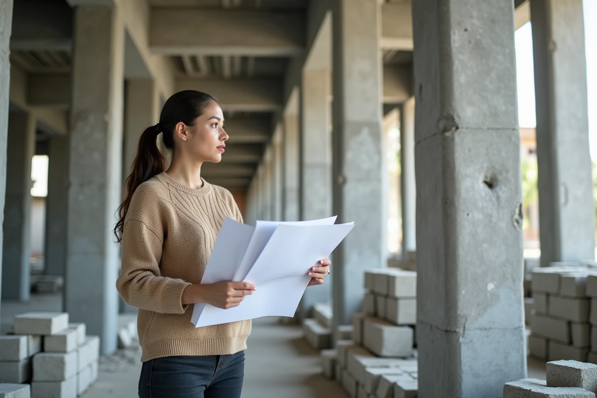 Jeune architecte inspectant des colonnes en béton