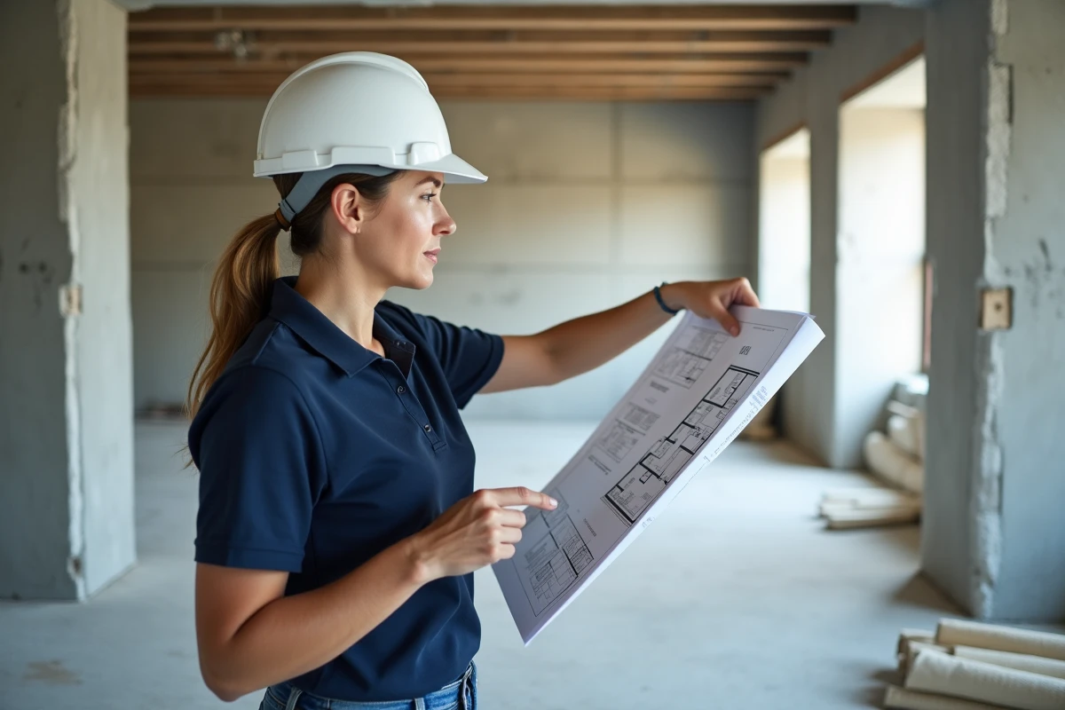 Architecte féminine examinant un plan de logement et évaluant un mur non porteur lors d'une visite de chantier de rénovation intérieure