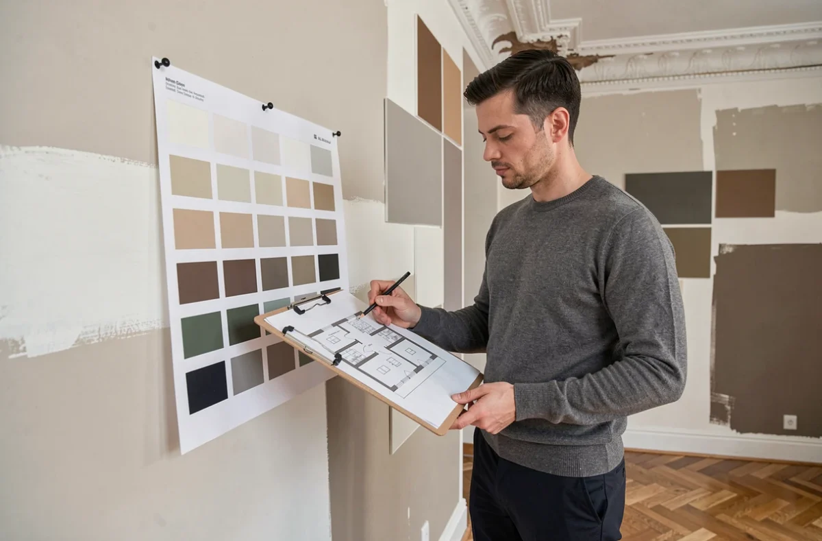 Architecte d'intérieur masculin annotant un plan devant un mur avec échantillons de peinture luxe en blanc cassé taupe et greige dans un salon en rénovation