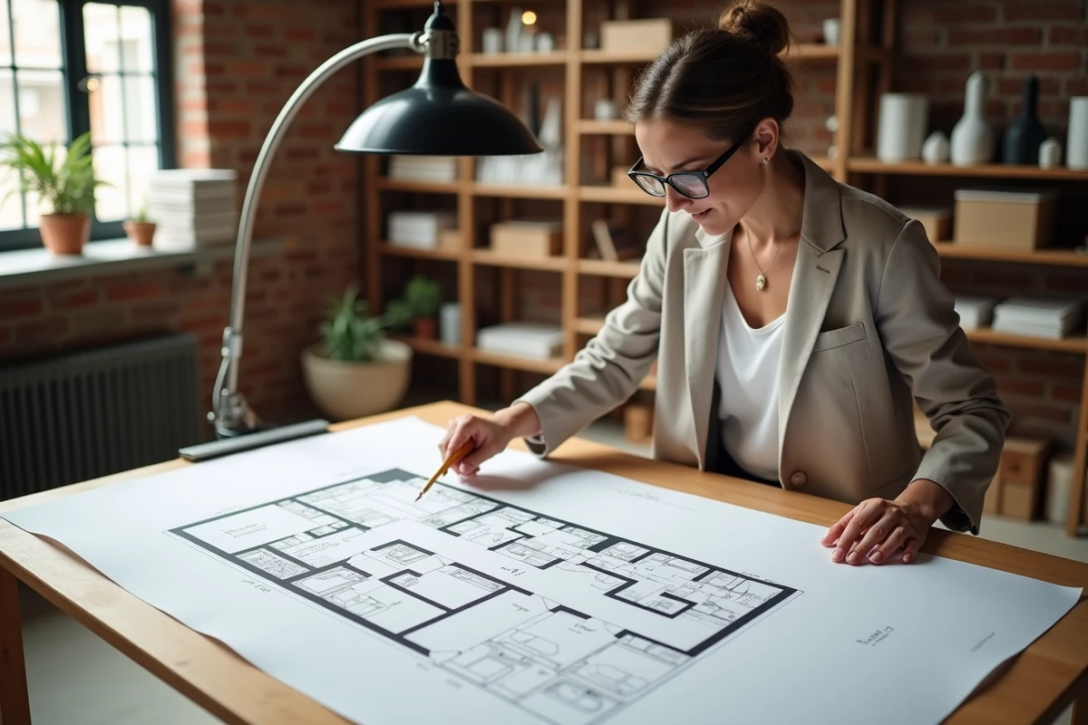 Architecte étudiant un plan de maison en U avec 4 chambres sur une table à dessin