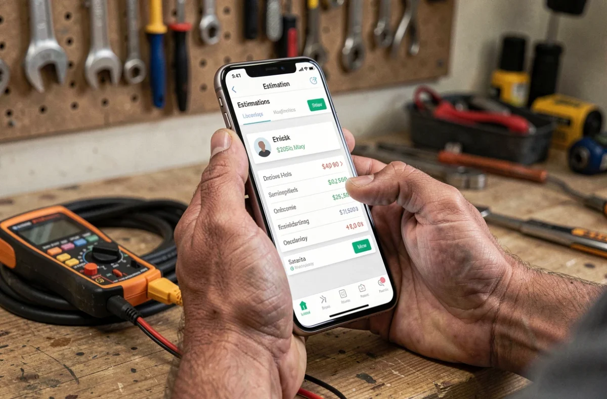 Artisan électricien consultant une application de devis en ligne sur smartphone pour estimer le juste prix d'une intervention