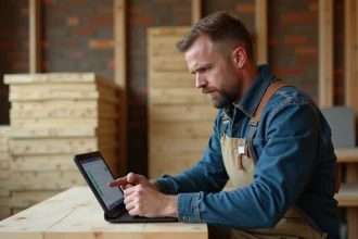 Artisan homme avec tablette dans atelier d'isolation