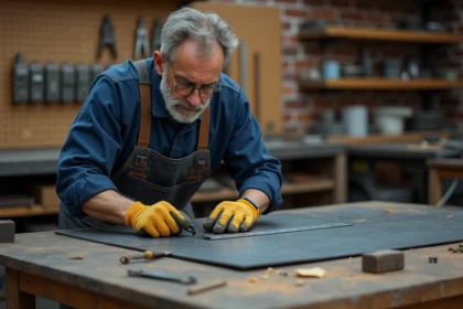 Artisan bricoleur mesurant une plaque de fer sur un établi en bois dans un atelier DIY authentique