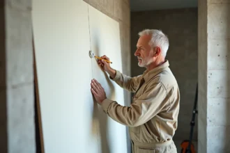 Artisan mesurant un panneau de placo isolant épais contre un mur nord en chantier de rénovation résidentielle
