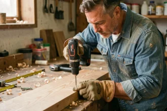 Artisan utilisant une visseuse sans fil pour visser dans une planche en chêne sur un établi de menuiserie