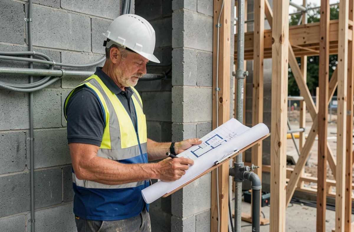 Chef d'entreprise du bâtiment tous corps d'état consultant des plans sur un chantier pour A.S. Batiment
