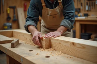 Charpentier assemblant un tenon et une mortaise sur une pièce de bois de charpente légère en atelier