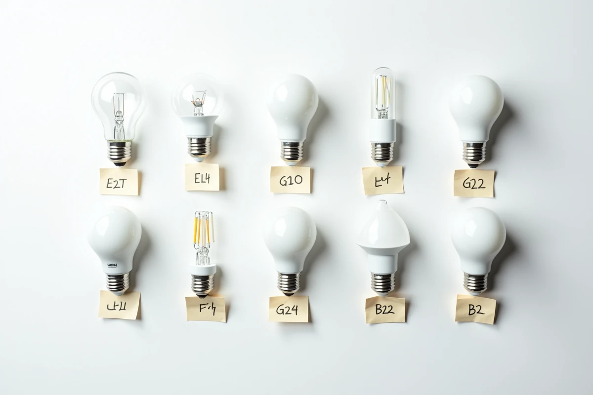 Vue de dessus d'un assortiment d'ampoules avec étiquettes indiquant les codes de culot E27, E14, GU10 et G9 sur fond blanc