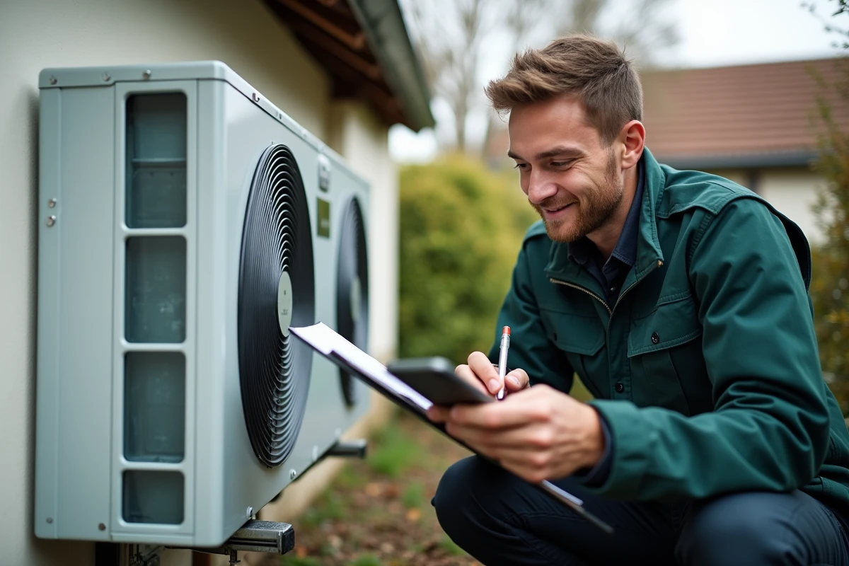 Un technicien en isolation thermique consulte un calculateur de consommation sur smartphone lors d'un audit énergétique d'une pompe à chaleur