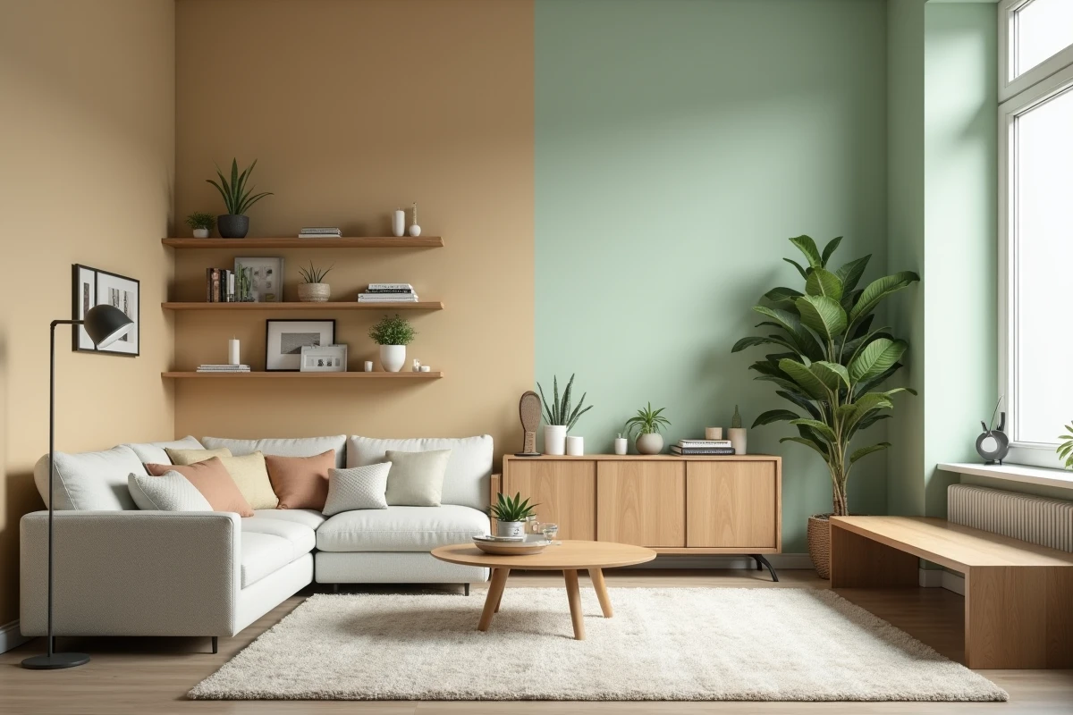 Transformation avant après d'un salon salle à manger dans une petite pièce avec peinture vert sauge et mobilier scandinave épuré