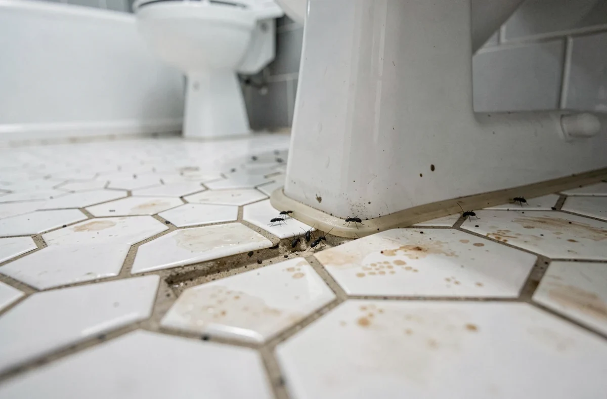 Infestation de petites bestioles noires dans un coin de salle de bain humide, vue grand angle réaliste du sol carrelé