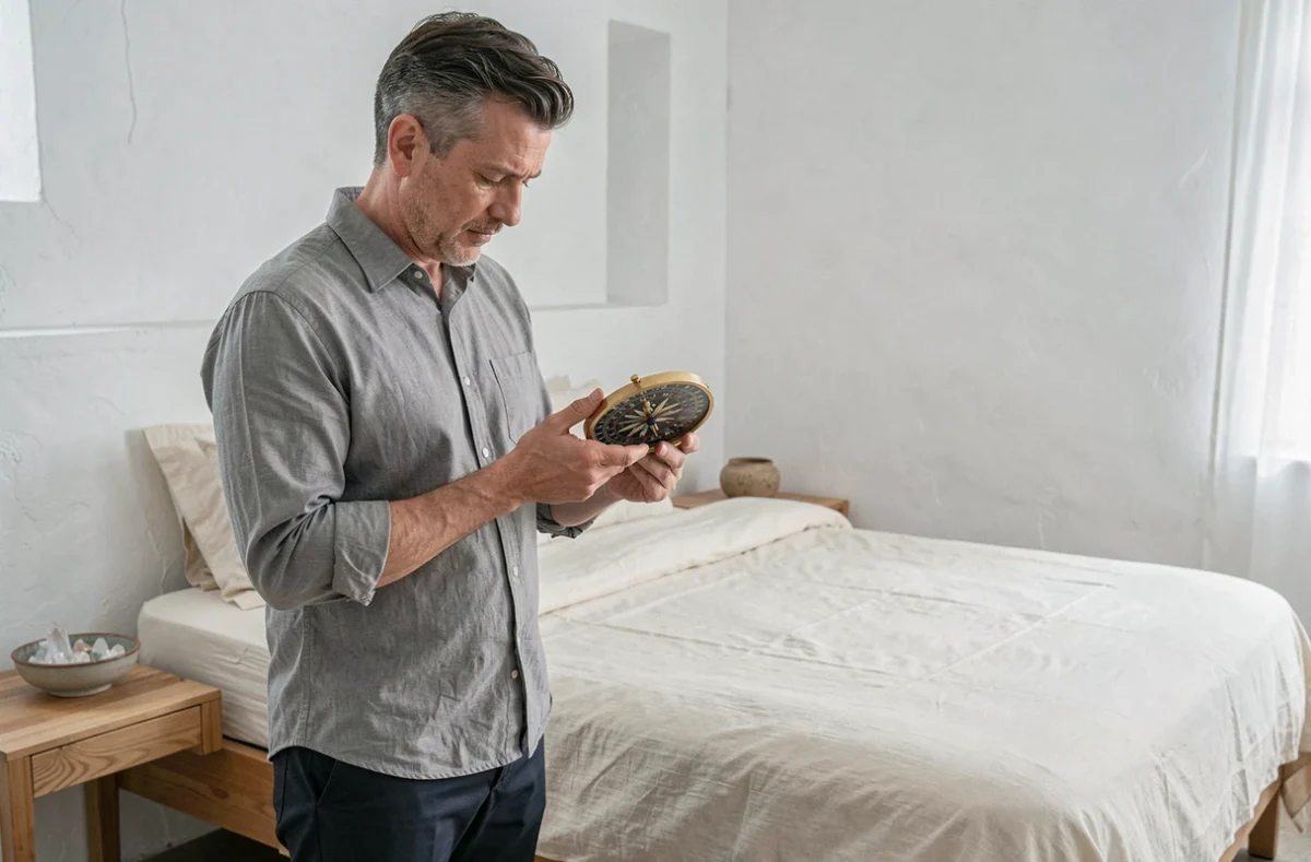 Homme tenant une boussole Feng Shui traditionnelle pour déterminer l'orientation idéale de son lit dans une chambre minimaliste