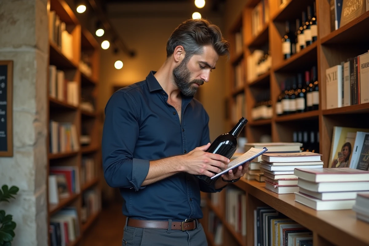 Homme dans une boutique indépendante de Nîmes examinant une bouteille de vin entourée de livres et de rayonnages en bois ancien