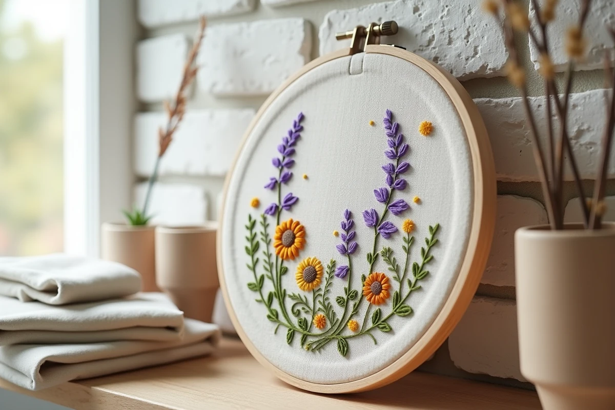 Gros plan d'un cerceau de broderie terminé avec des motifs botaniques de lavande et tournesols sur tissu Aida blanc cassé, posé contre un mur de briques blanchi