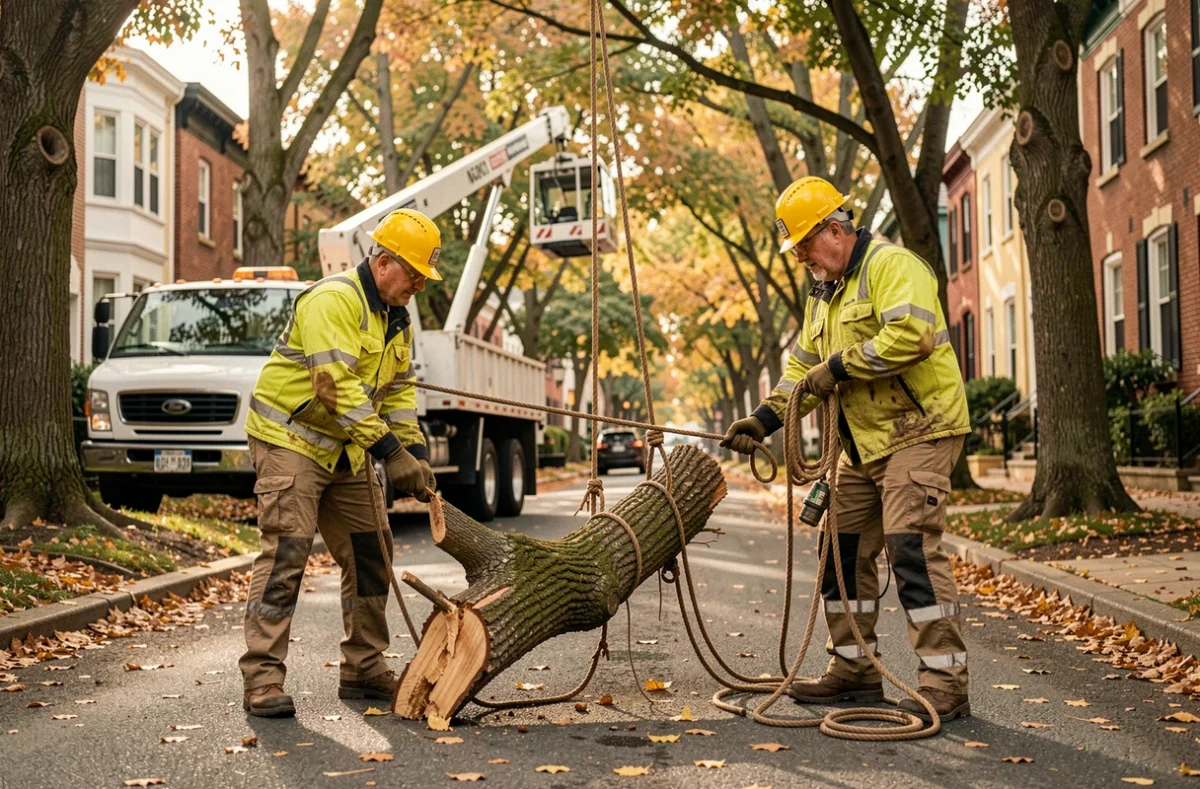Deux bûcherons professionnels utilisant des cordes pour descendre une branche d'arbre en toute sécurité dans une rue résidentielle