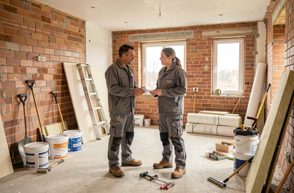 Deux artisans de C-Pepp's Reno et Les Couleurs d'Émilie en discussion sur un chantier de rénovation tous corps d'état à Coutiches