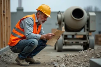 Ouvrier de chantier calculant le dosage de béton à côté d'une bétonnière sur un chantier de construction