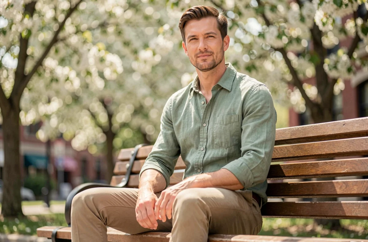 Homme tendance en tenue Callmespring printemps assis sur un banc urbain fleuri