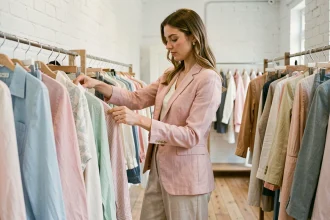 Femme élégante explorant les tendances de la collection printemps Callmespring dans une boutique minimaliste