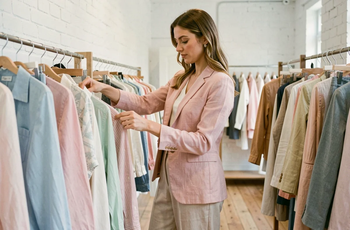 Femme élégante explorant les tendances de la collection printemps Callmespring dans une boutique minimaliste