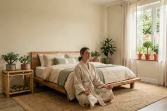 Femme en robe de lin méditant au pied d'un lit en bois orienté selon les principes du Feng Shui dans une chambre zen et naturelle