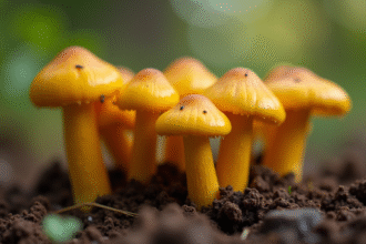 Gros plan sur des chanterelles jaunes dans la terre humide du jardin
