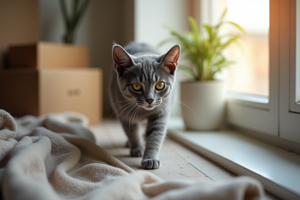 Chat gris explorant un rebord de fenêtre en appartement