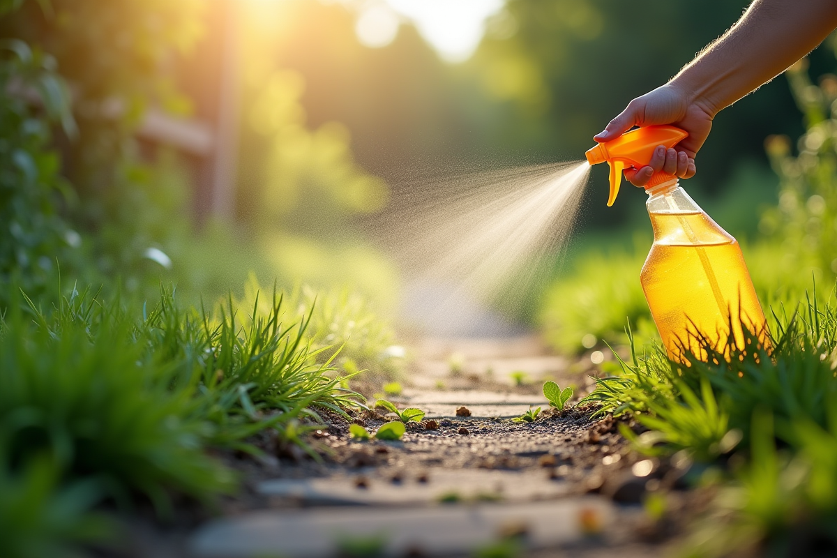 Chemin de jardin naturel avec mauvaises herbes traitées par spray