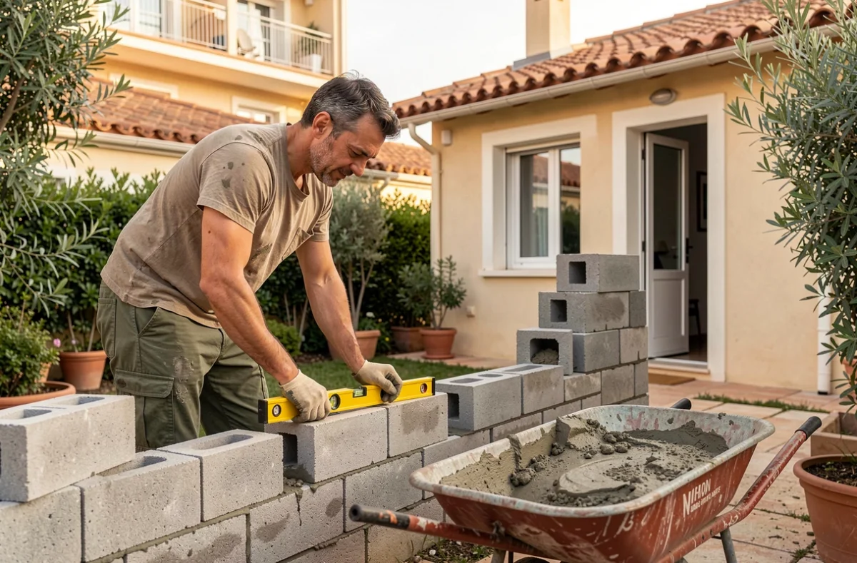 Artisan maçon polyvalent travaillant sur un muret et une extension dans une cour à Marseille pour Coballita