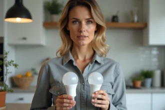 Femme comparant deux ampoules LED dans une cuisine moderne pour choisir la bonne correspondance lumens et watts