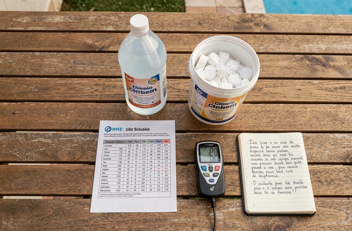 Comparaison chlore liquide et galets avec tableau de dosage et testeur d'eau pour piscine