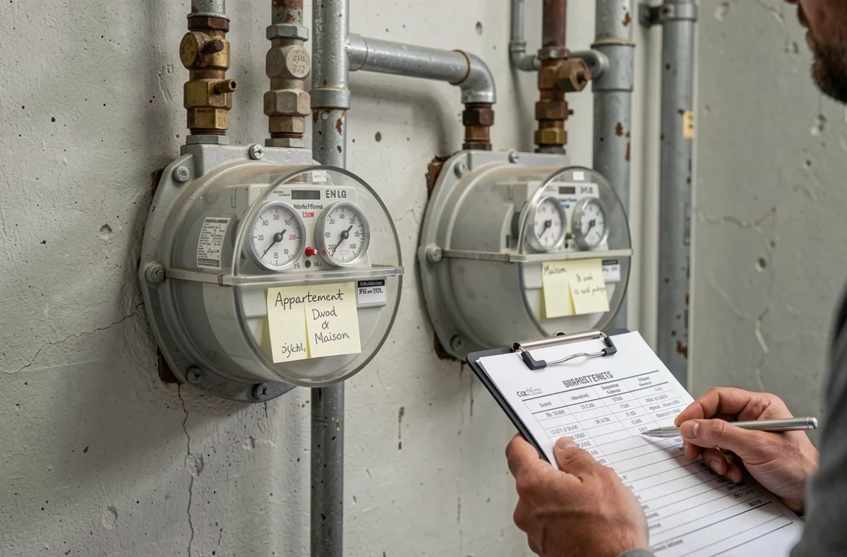 Deux compteurs d'eau côte à côte dans un local technique comparant la consommation annuelle entre un appartement et une maison individuelle