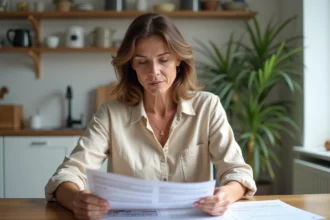 Femme comparant des contrats d'assurance habitation à table dans un appartement français moderne