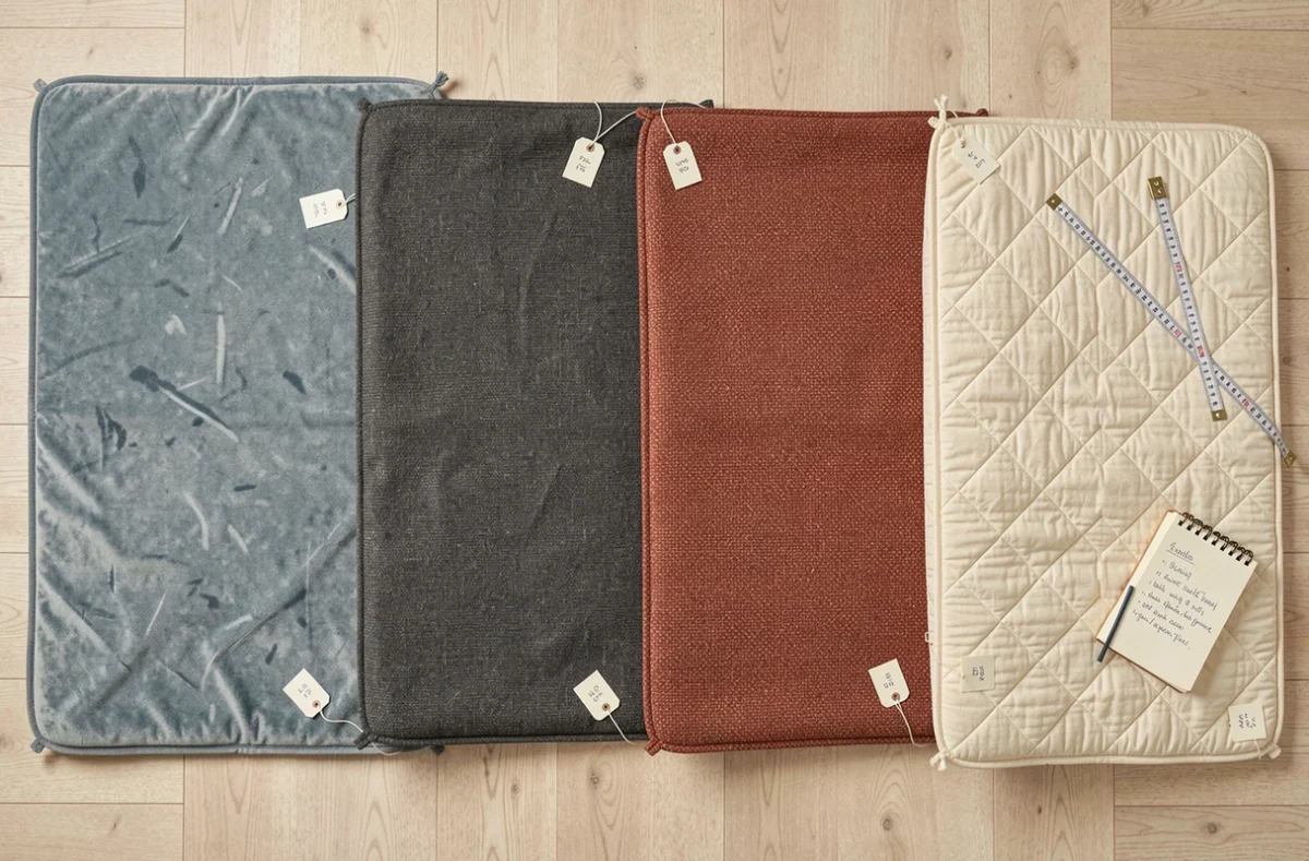 Comparaison de housses de BZ pas chères en plusieurs coloris et matières disposées sur parquet clair