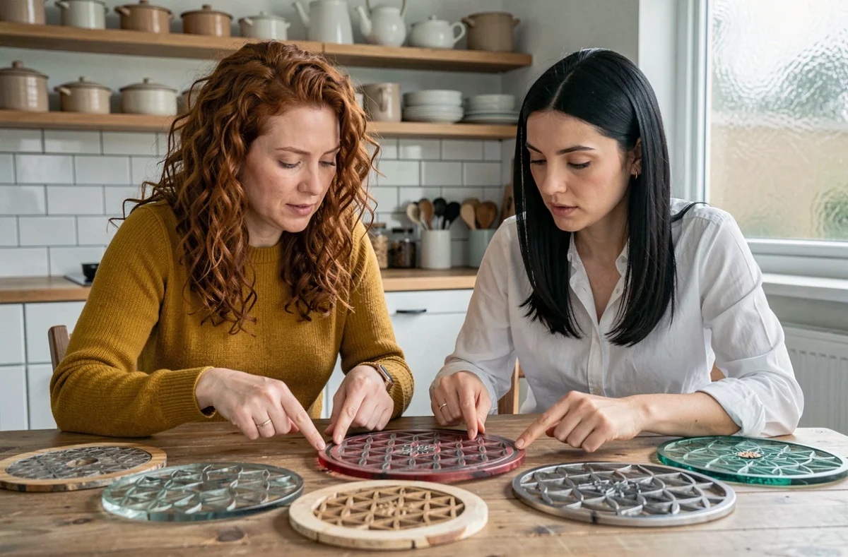 Deux femmes comparant plusieurs mandalas Fleur de vie de différentes tailles et matériaux avant l'achat