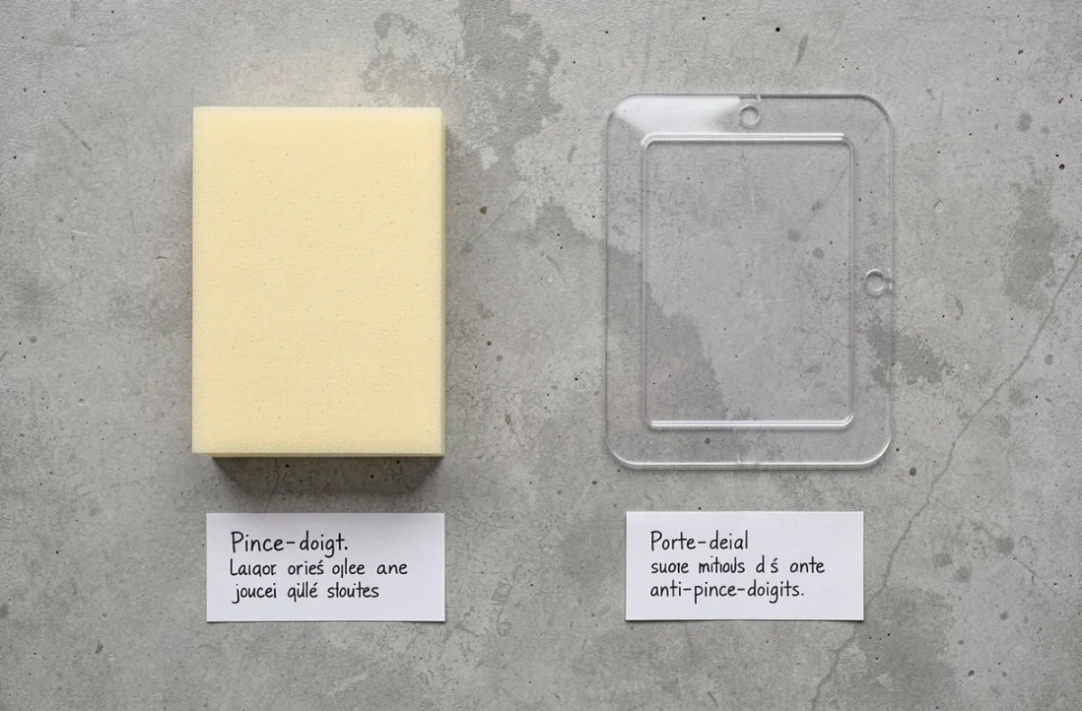 Comparaison côte à côte d'une pince-doigt en mousse et d'un porte anti-pince-doigts rigide transparent posés sur une surface en béton