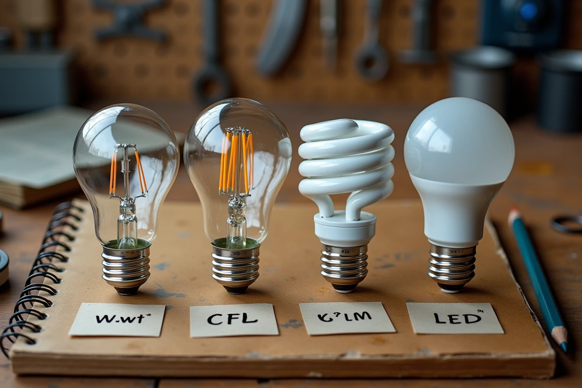 Comparaison de quatre types d'ampoules avec étiquettes lumens et watts sur un établi en bois