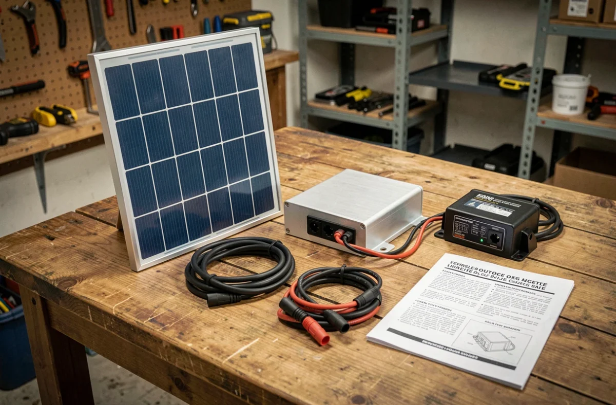Composants d'un kit panneau solaire pas cher disposés sur un établi de bricolage
