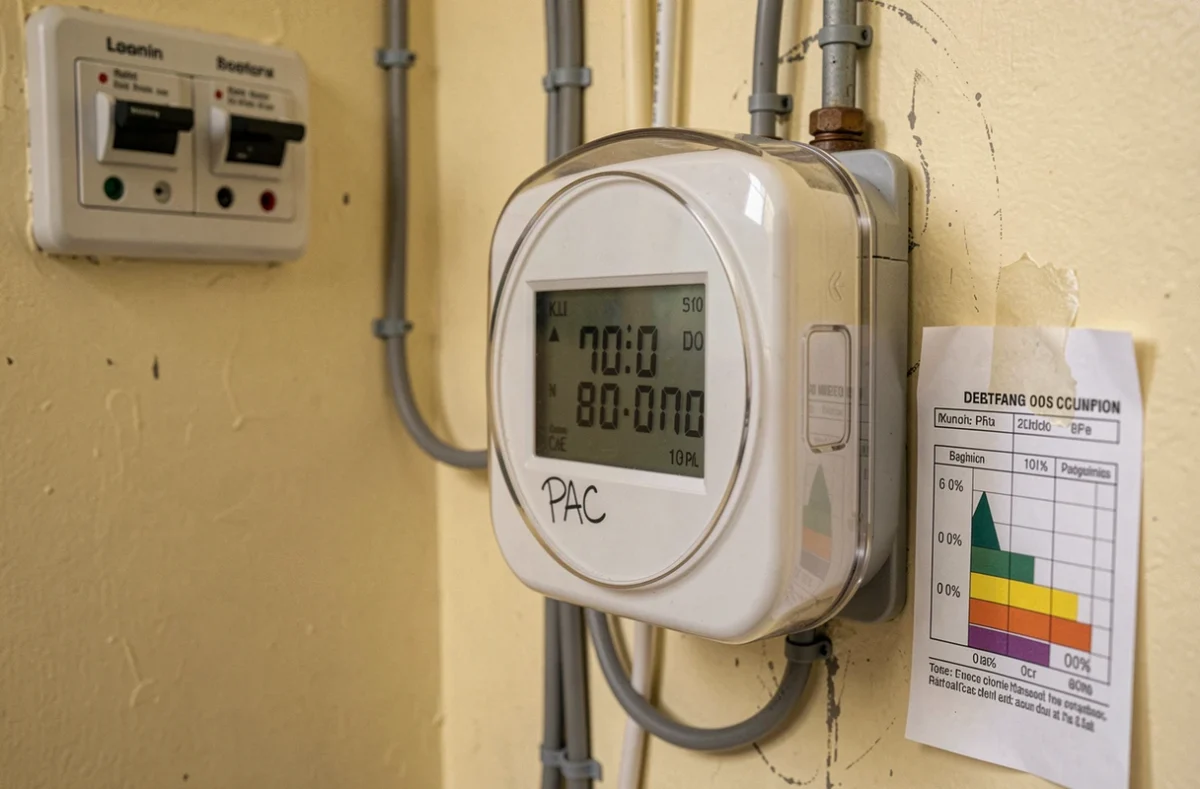 Compteur électrique intelligent affichant la consommation en kWh d'une pompe à chaleur dans un tableau électrique domestique