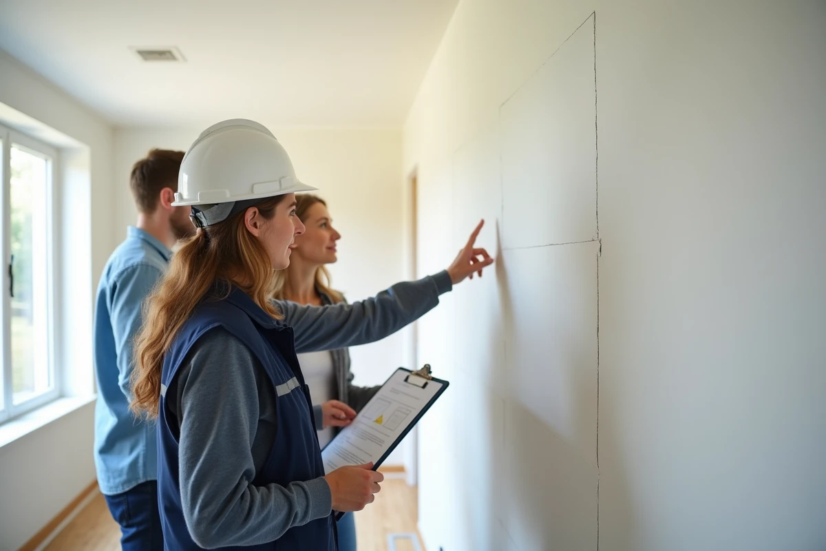 Conseillère en bâtiment expliquant l'isolation en placo épais à des propriétaires devant un mur nord rénové